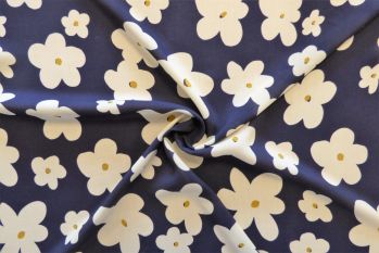 Lady McElroy Dancing Daisies - Navy - Viscose Challis Lawn - Remnant - 2m