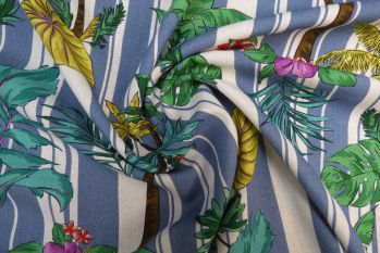 Lady McElroy Stripey Palms - Blue - Trudi Chambray - Remnant - 1.9m